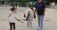 Mädchen hält die Zügel von Pony am Strand beim Ausflug mit Reitzentrum Libertas