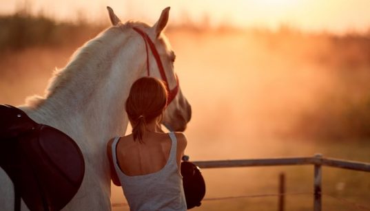 Mädchen nach dem Reiten in Dalmatien mit ihrem Pferd bei Sonnenuntergang