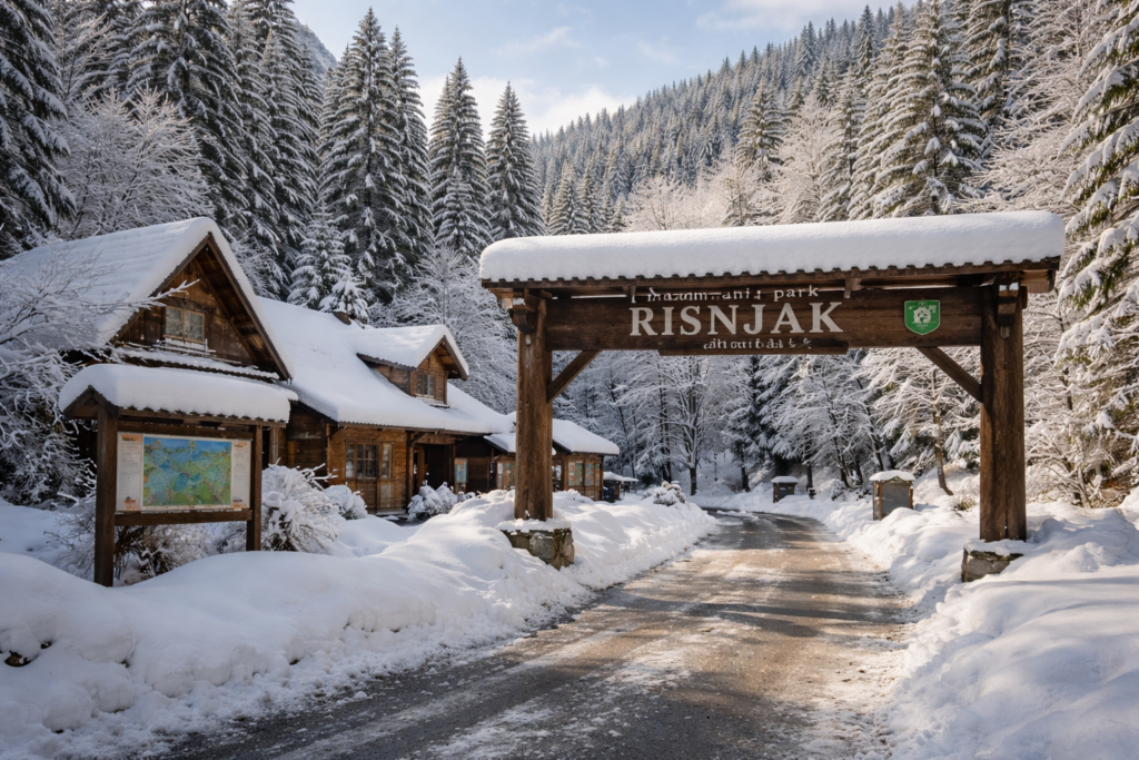 Eingang zum Risnjak Nationalpark im Winter