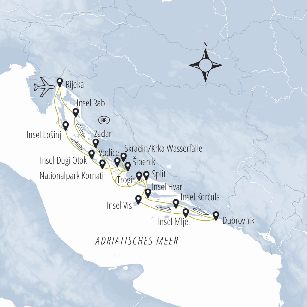 Routenverlauf der zweiwöchigen Kreuzfahrt ab Rijeka durch die Kvarner Bucht und Dalmatien bis Dubrovnik und zurück.