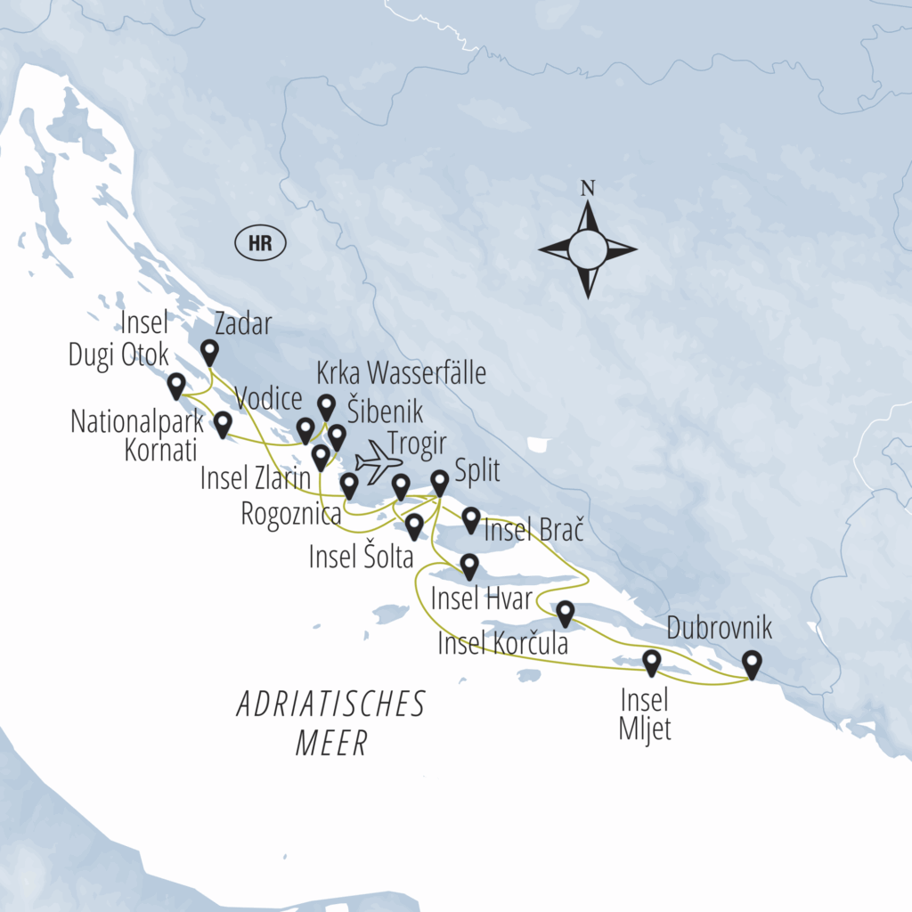 Routenverlauf der zweiwöchigen Kreuzfahrt ab Trogir durch Nord-, Mittel- und Süd-Dalmatien.