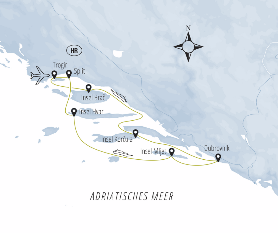 Kreuzfahrt-Route T1 "Sieben Tage, sieben Insel" durch Mittel- und Süd-Dalmatien: Ab Hafen Trogir über Split, Brač, Hvar, Korčula, Mljet und Dubrovnik, wieder nach Trogir.