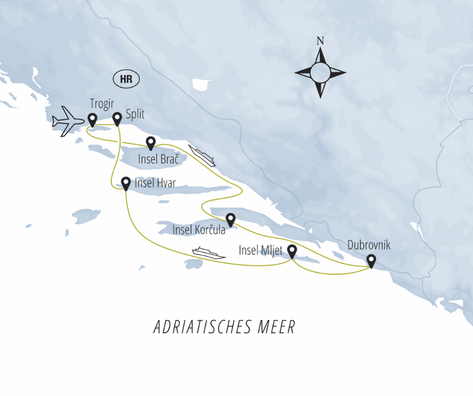 Karte der Route T3: Trogir – Split – Hvar – Mljet – Dubrovnik – Korčula – Brač – Trogir