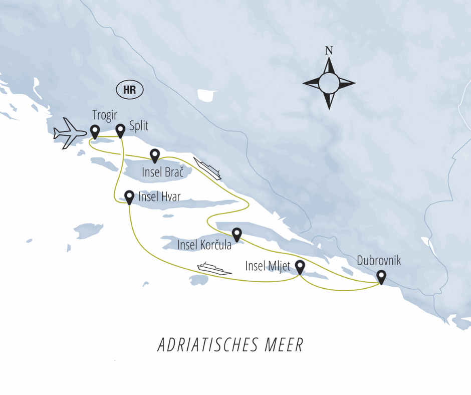 Karte der Route T3 - Badekreuzfahrt von Trogir über Split, Brač, Hvar, Mljet, Dubrovnik, Korčula zurück nach Trogir.