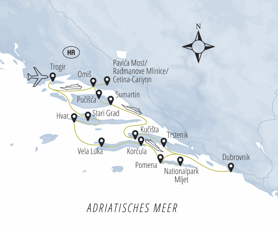 Karte der Route TD  – Radkreuzfahrt von Trogir über Hvar, Korčula, Mljet, Dubrovnik und zurück über Halbinsel Pelješac.