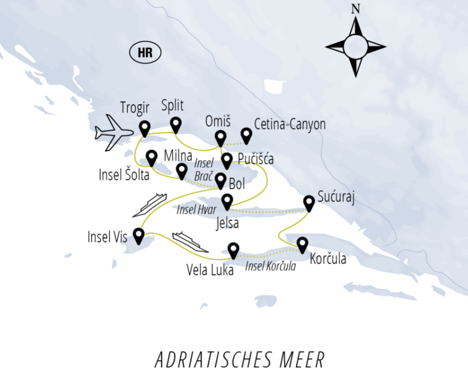 Karte der Route TV: Trogir – Šolta – Brač – Vis – Korčula – Hvar – Cetina-Canyon – Split – Trogir