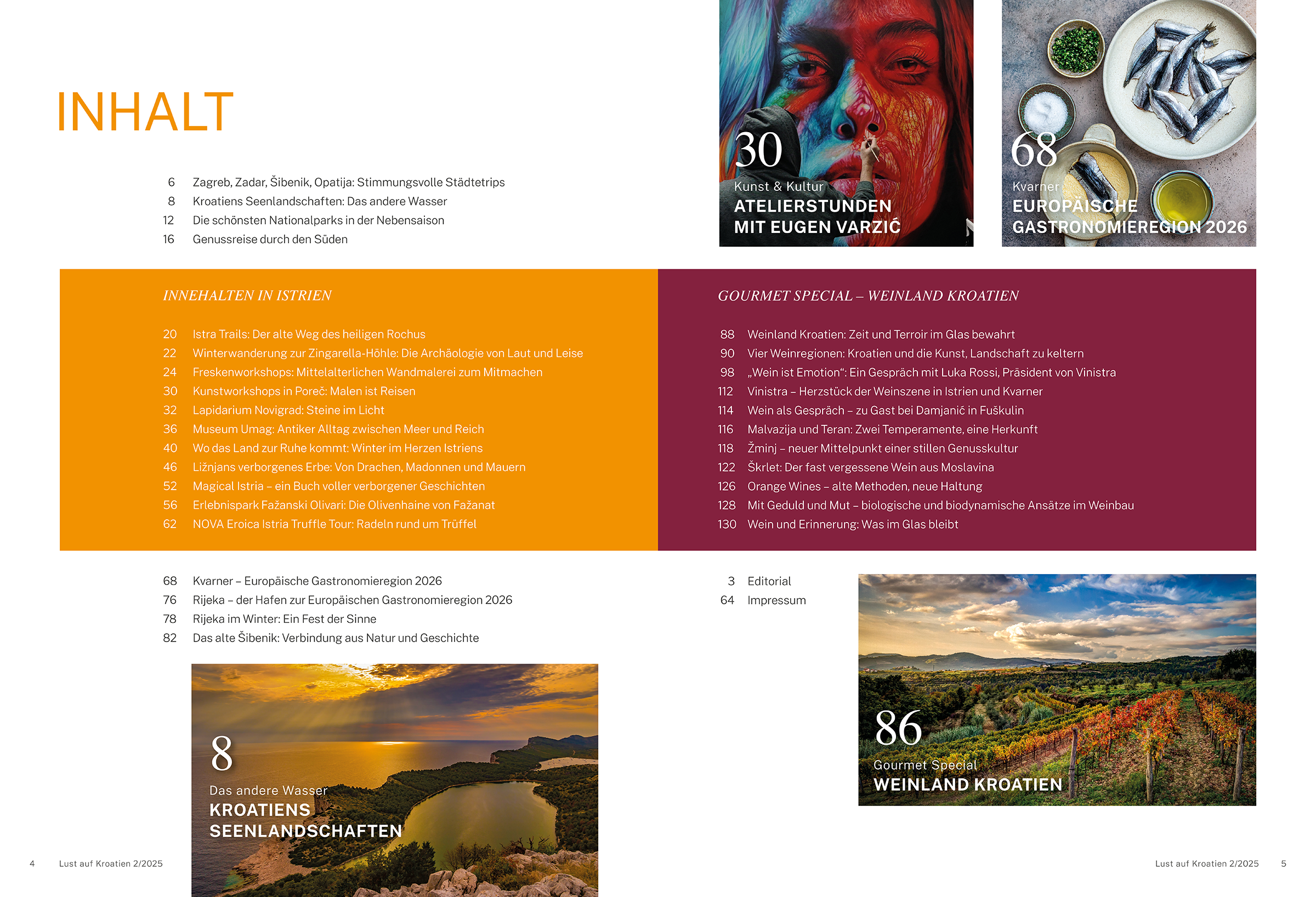 Inhaltsverzeichnis des Magazins „Lust auf Kroatien 02/2025“ mit Themen zu Istrien, Kvarner, Weinland Kroatien, Seenlandschaften und kulturellen Reisetipps.