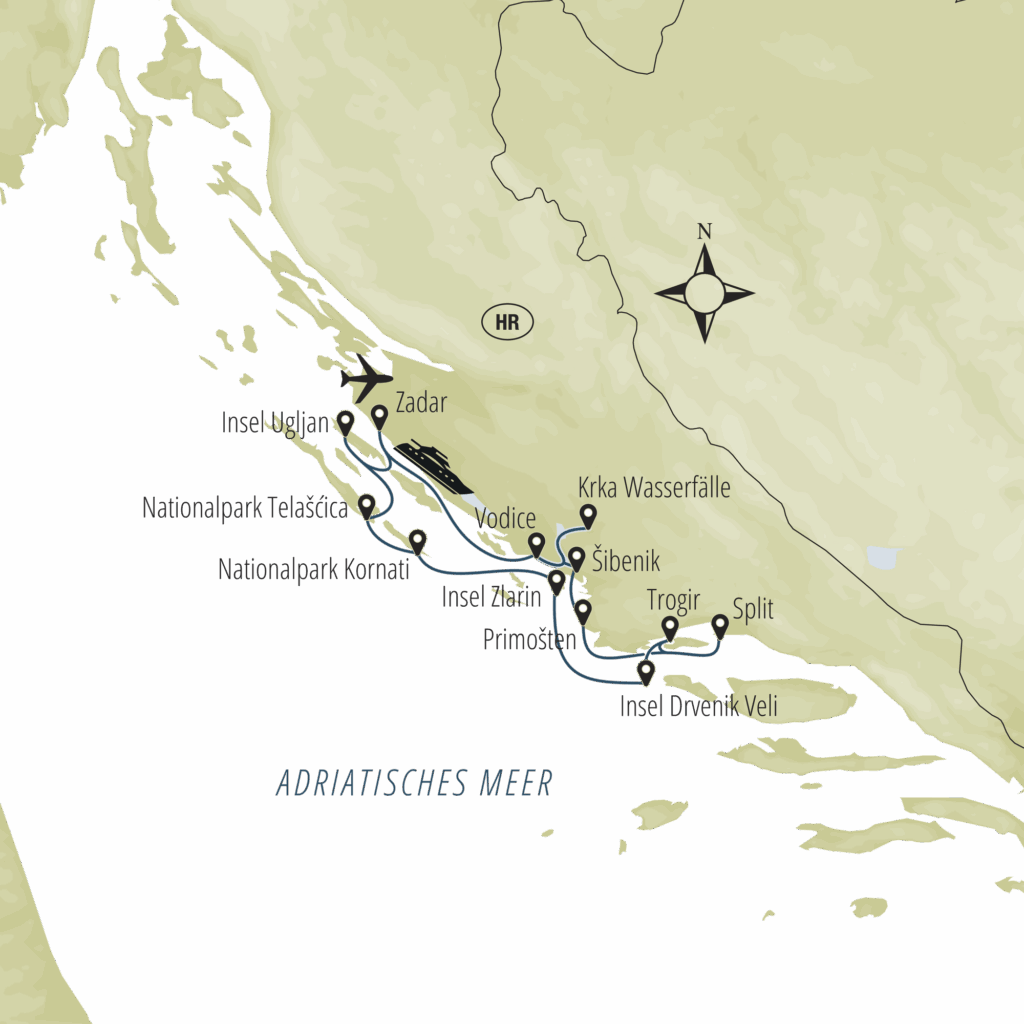 My Olmissum Route Z2 :
Zadar – Vodice – Krka-Wasserfälle – Šibenik – Primošten – Split – Trogir – Insel Drvenik Veli – Insel Zlarin – Nationalpark Kornati – Naturpark Telašćica – Insel Ugljan – Zadar