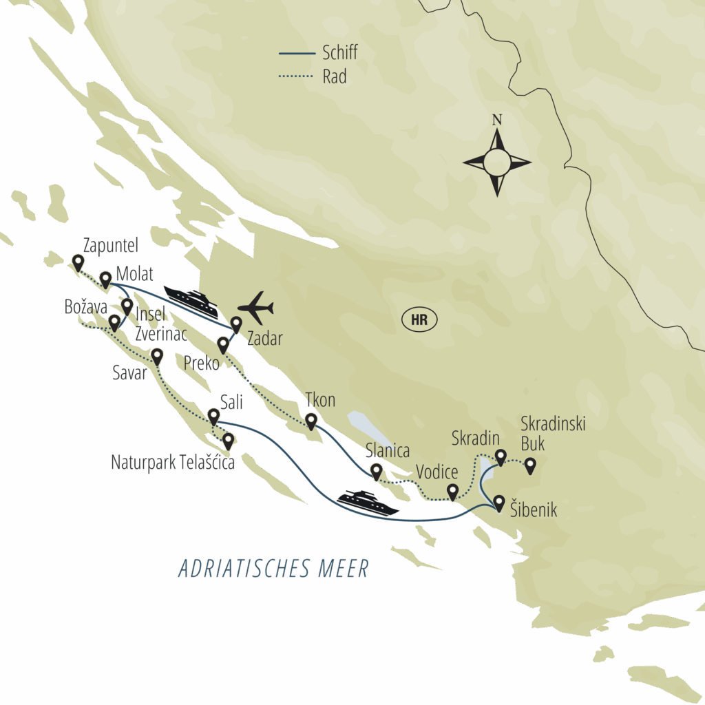 My Olmissum Route ZB :
Zadar – Insel Molat – Insel Zverinac – Insel Dugi Otok – Naturpark Telašćica – Šibenik – Krka-Wasserfälle – Skradin – Vodice – Insel Murter – Insel Pašman – Insel Ugljan – Zadar