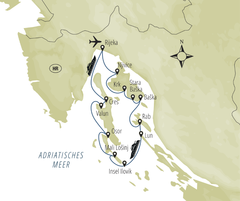 Route RW - Routenverlauf: Rijeka – Insel Krk – Insel Rab – Insel Ilovik – Insel Lošinj – Insel Cres (Valun) – Insel Cres (Cres) – Rijeka