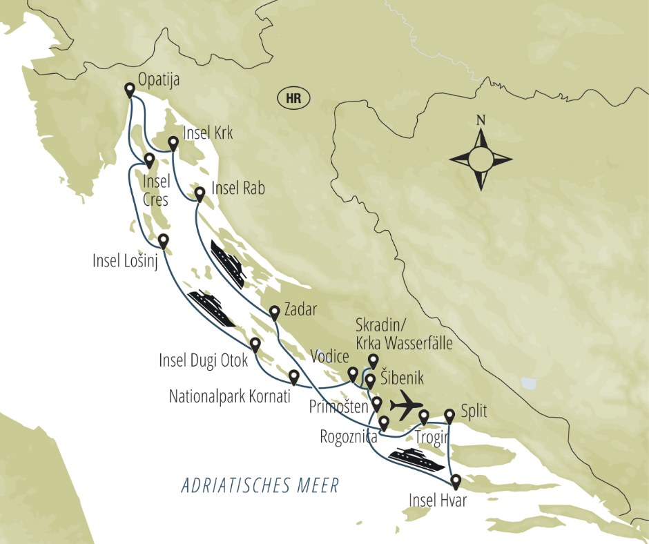 Route T8 - Routenverlauf: Trogir – Rogoznica – Zadar – Insel Rab – Insel Krk – Opatija– Insel Cres – Insel Lošinj – Dugi Otok– Nationlpark Kornati – Vodice – Skradin – Šibenik – Primošten – Insel Hvar – Split – Trogir