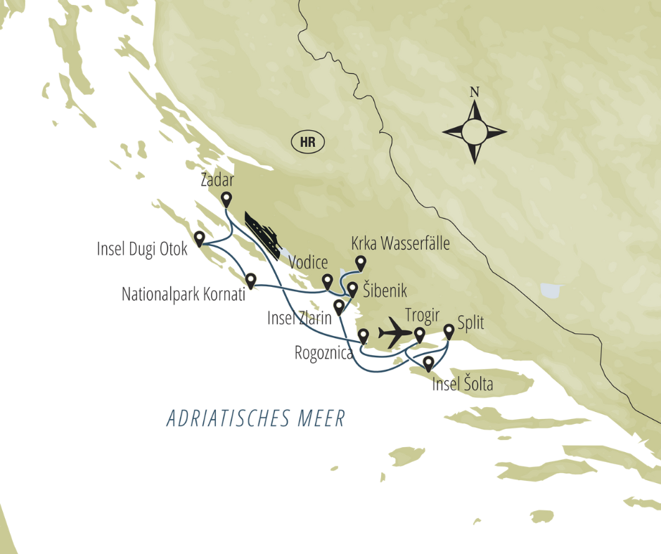 Route T2 Routenkarte: Trogir – Rogoznica – Zadar – Insel Dugi Otok – Nationalpark Kornati – Vodice – Krka-Wasserfälle – Šibenik – Insel Zlarin – Split – Insel Šolta – Trogir