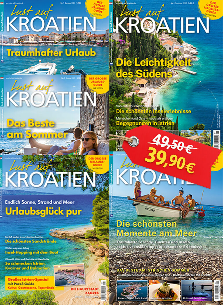 Sommer Vibes Bundle - es sind 5 Titelbilder von dem Magazin Lust auf Kroatien Sommerausgaben zu sehen mit einem Sonderpreis von 39,90 Euro
